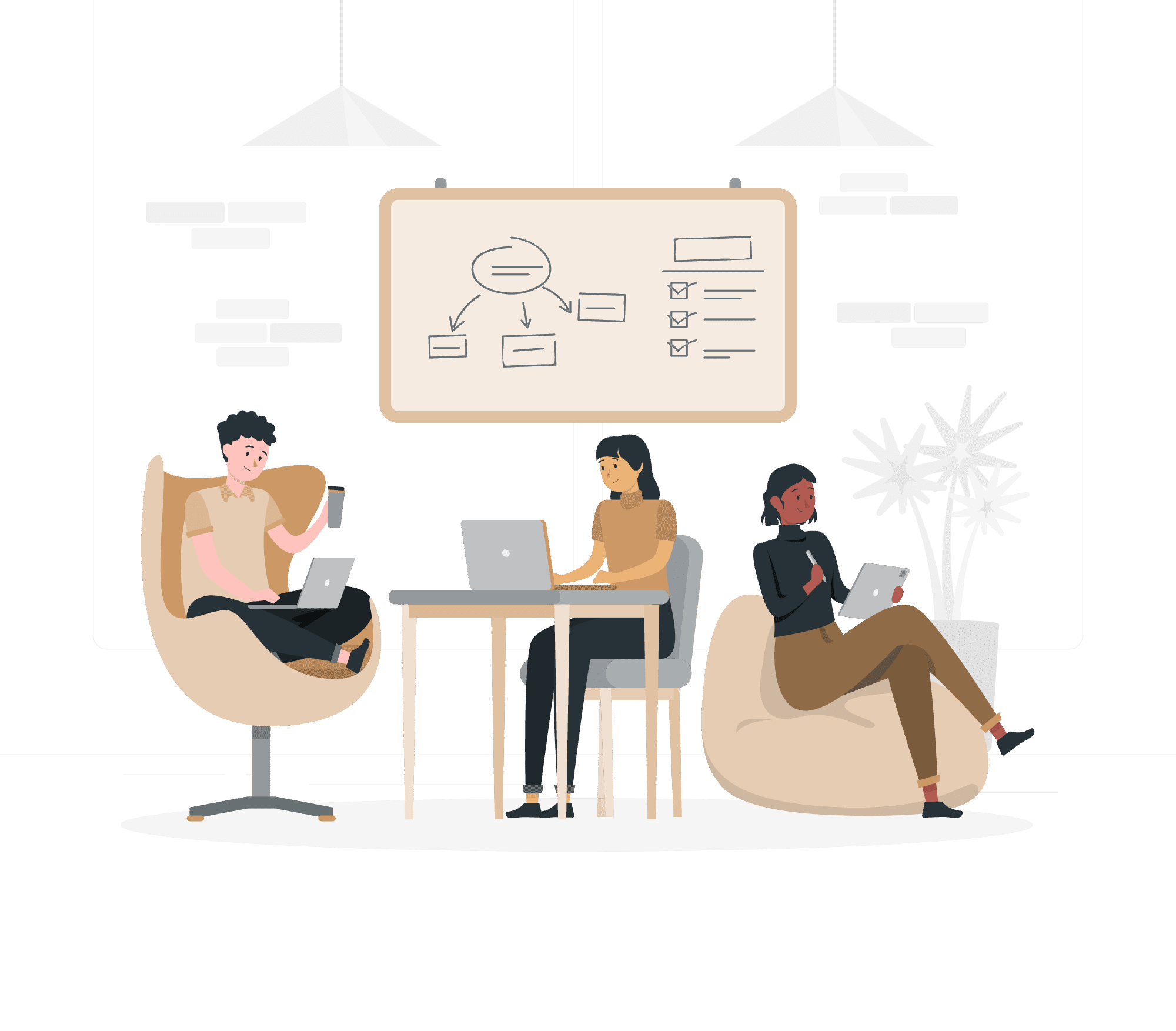 People gatered around working on different devices