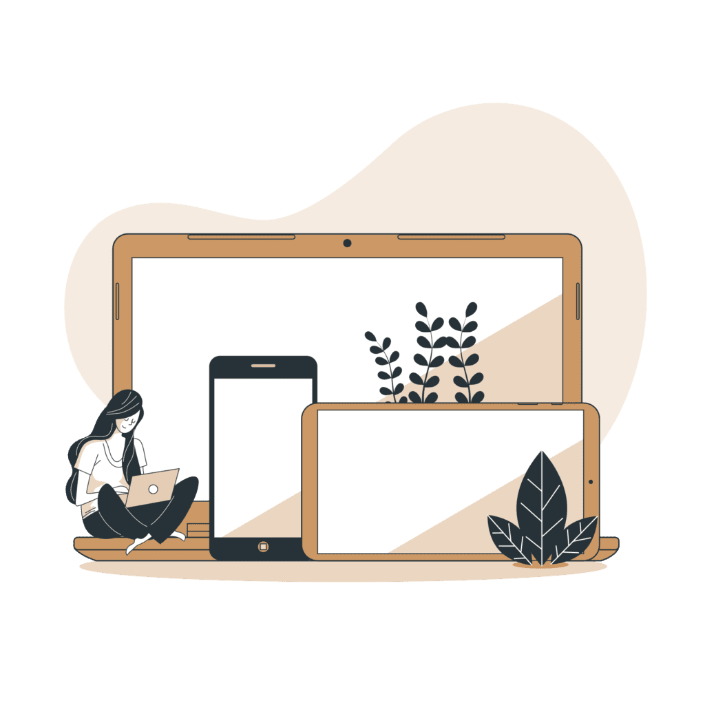 Different devices screens with one girl sitting olding a laptop computer